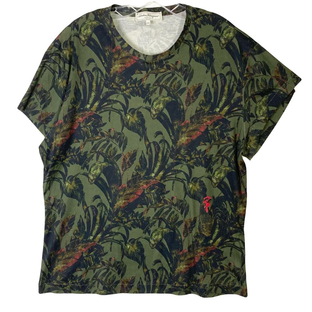 SALVATORE FERRAGAMO ITALY Men Tshirt XXL”Bianco Foliage Botanical Rooster Jungle